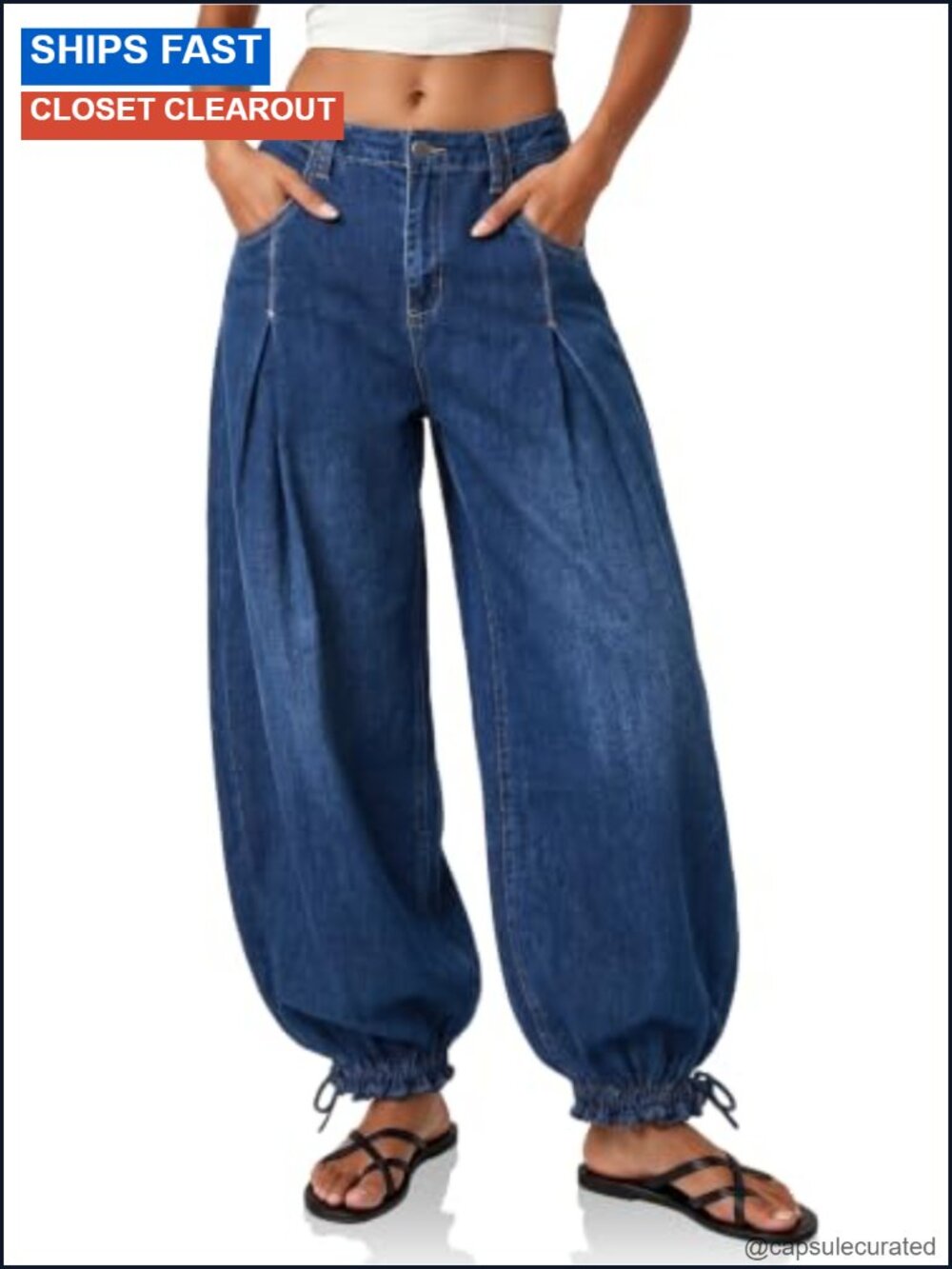 High Waisted Pleated Wide Leg Balloon Jeans Loose Fit Drawstring Cuffs